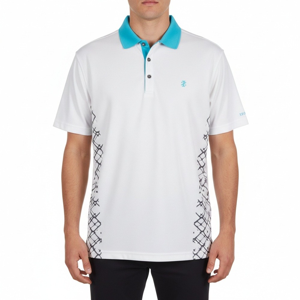 IZOD Golf Men Size Large White Aqua Grid Print Performance Sportswear Polo Shirt